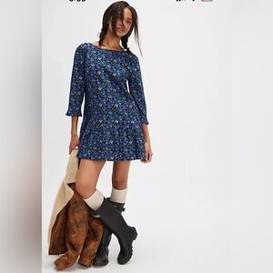 Free people blue floral the avenue mini dress nwot Xs